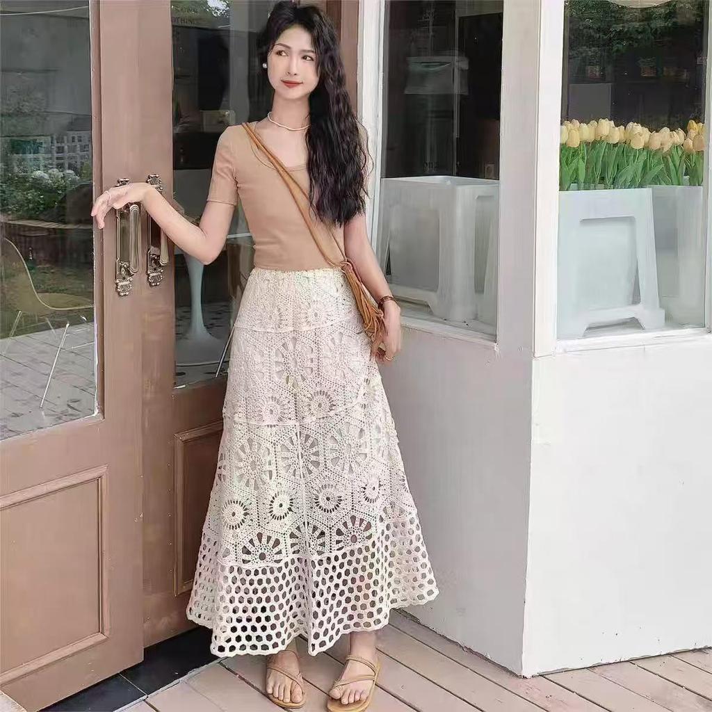 Bohemian Crochet High-Waist Hip-Hugging Midi Skirt for Women