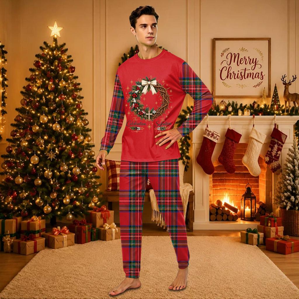 Christmas-print long-sleeve and long-pant matching family loungewear set