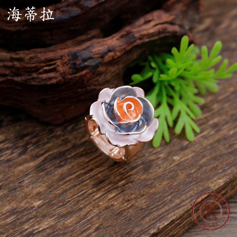 New Enamel Three-dimensional Rose Elastic Ring Women's Fashion Versatile Irregular Petal Ring
