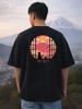 Thick Black Oversized T-Shirt with Cat and Volcano Print