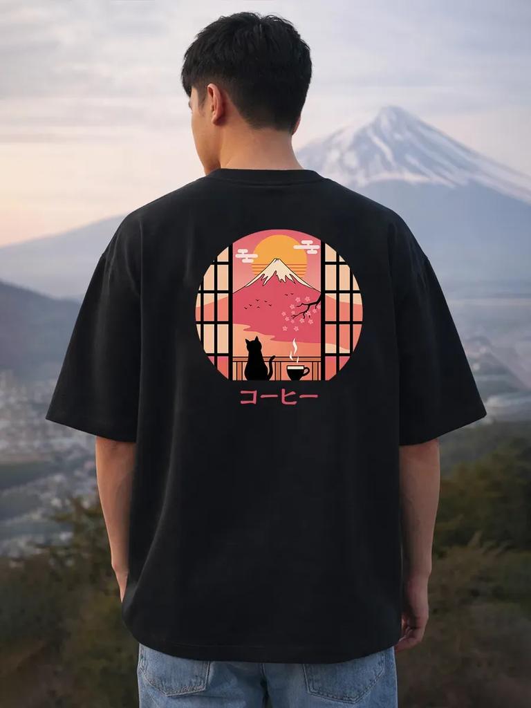 Thick Black Oversized T-Shirt with Cat and Volcano Print