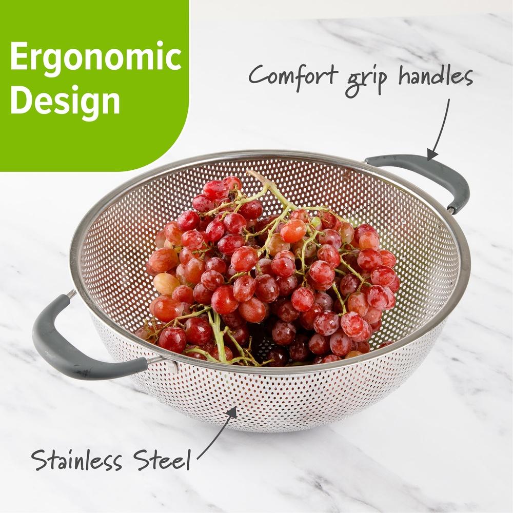 5 Qt Stainless Steel Colander with Soft Grip Handles Footed Base Stability Kitchen Drain Pasta Fruits Vegetables Dishwasher Safe