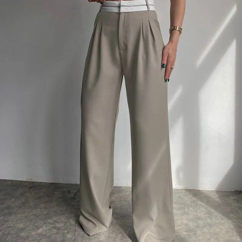 

Женские повседневные прямые брюки, осень-зима 2022, плиссированные офисные женские брюки с высокой талией, элегантные простые свободные женские брюки M серый