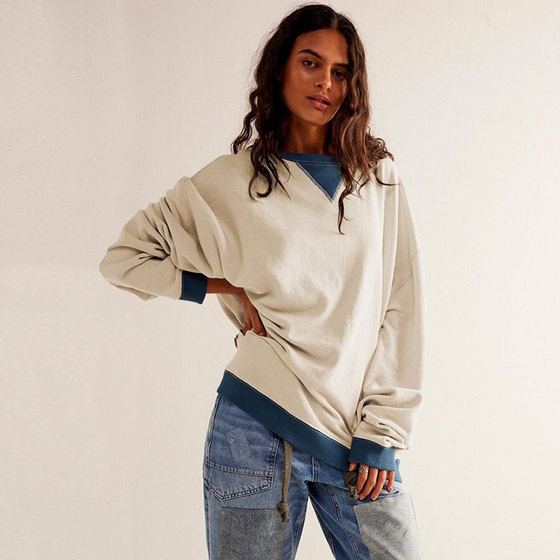 Casual Loose Contrast Sweatshirts Women Long Sleeved Round Neck Patchwork Hoodie Spring Autumn Street Style Pullover