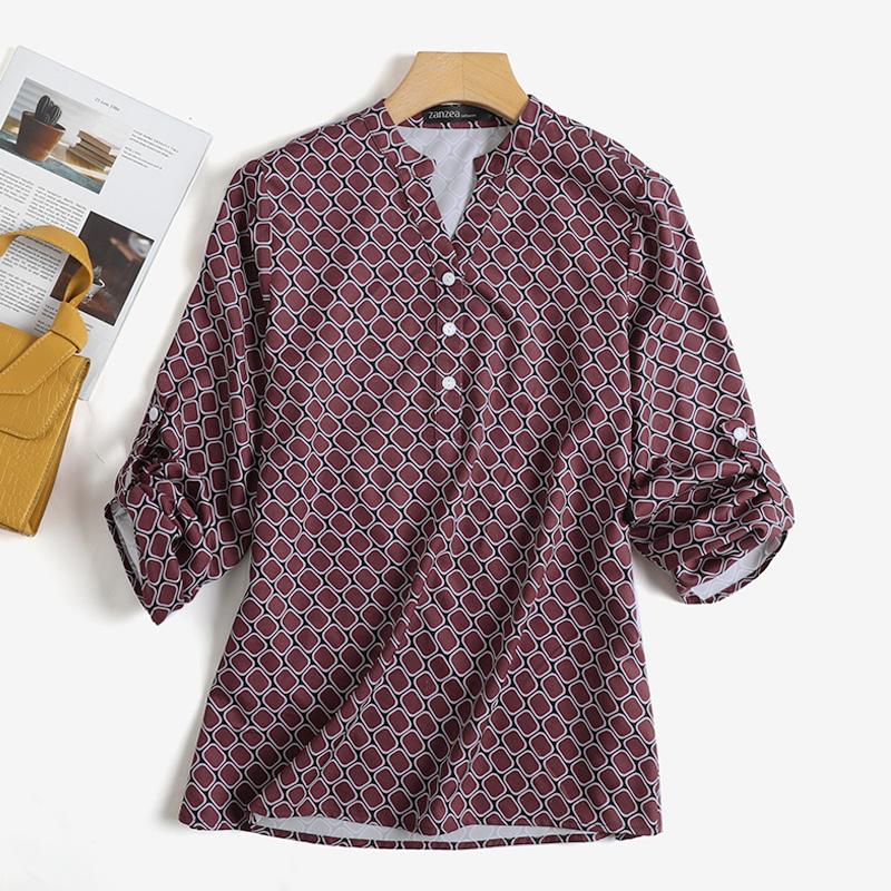 

ZANZEA Женщины V-образный вырез с длинным рукавом Блузка Топы Весна Лето Ретро Принт Рубашки #2