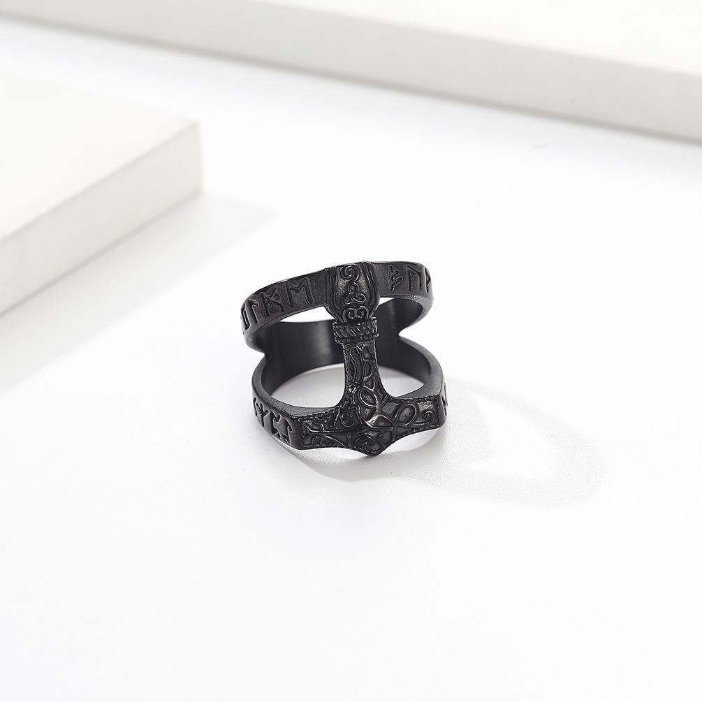 Retro Nordic Viking Text Thors Hammer Titanium Steel Ring for Men