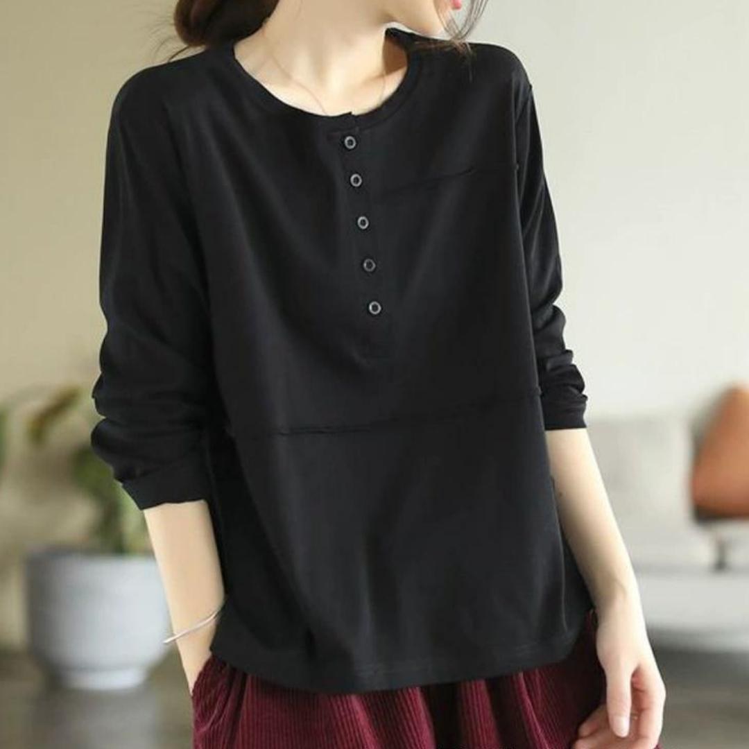 

Женская повседневная приталенная футболка с длинным рукавом, с отделкой и пуговицами снизу, для весны и осени L чёрный