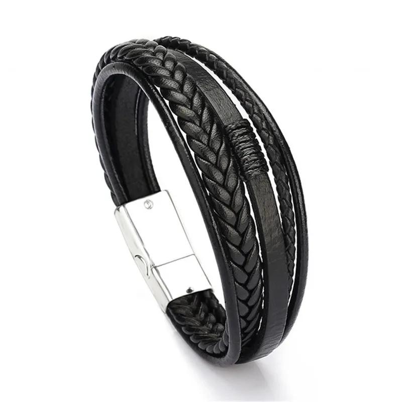 Charmsmic New Mens Magnetic Leather Bracelets Handmade Braided Multilayer Cord Ethnic Jewelry Accessories Male Armband Gifts