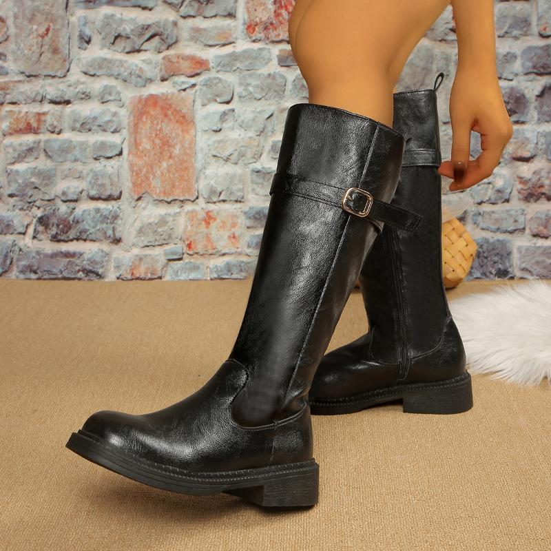 Vintage Black Women Knee High Boots Big Size Low Heels Platform Long Boots Autumn Winter Pu Leather Zip Women Warm Booties