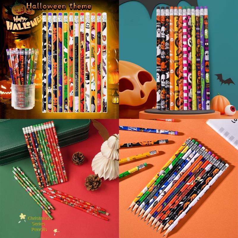 12/24/36 Pcs Halloween Christmas Theme Wooden Pencil Student School Stationery Halloween Party Gifts Supplies For Children