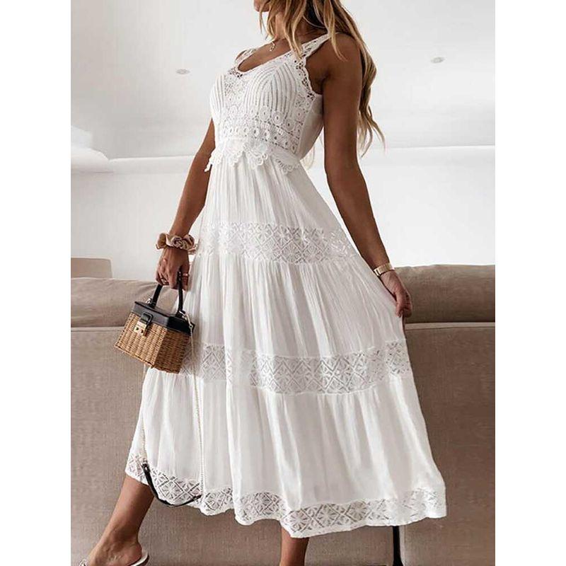

Sleeveless Beach Dress European and American Foreign Trade Women clothes Lace Holiday Style Sleeveless Beach dress Summer White XL