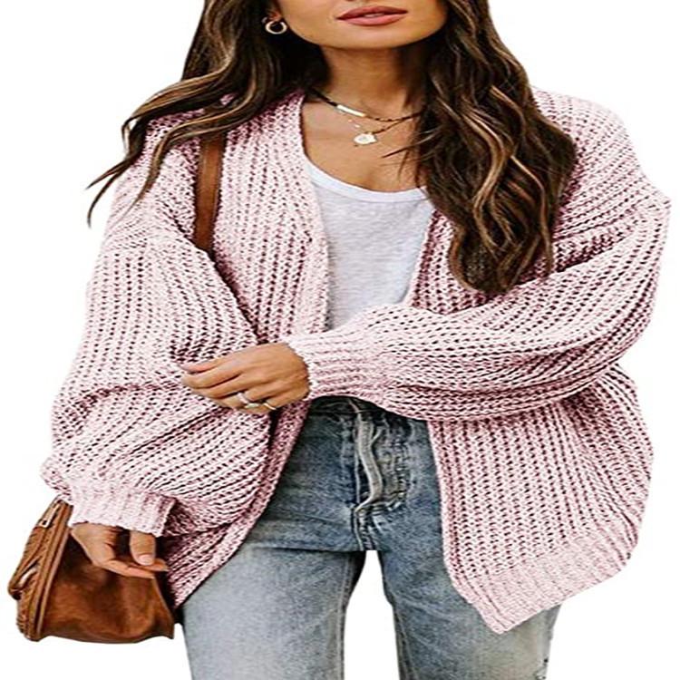 2025 Women's Plus Size Loose Knitwear Cardigan with Lantern Sleeves - Solid Color European and American Style Sweater.