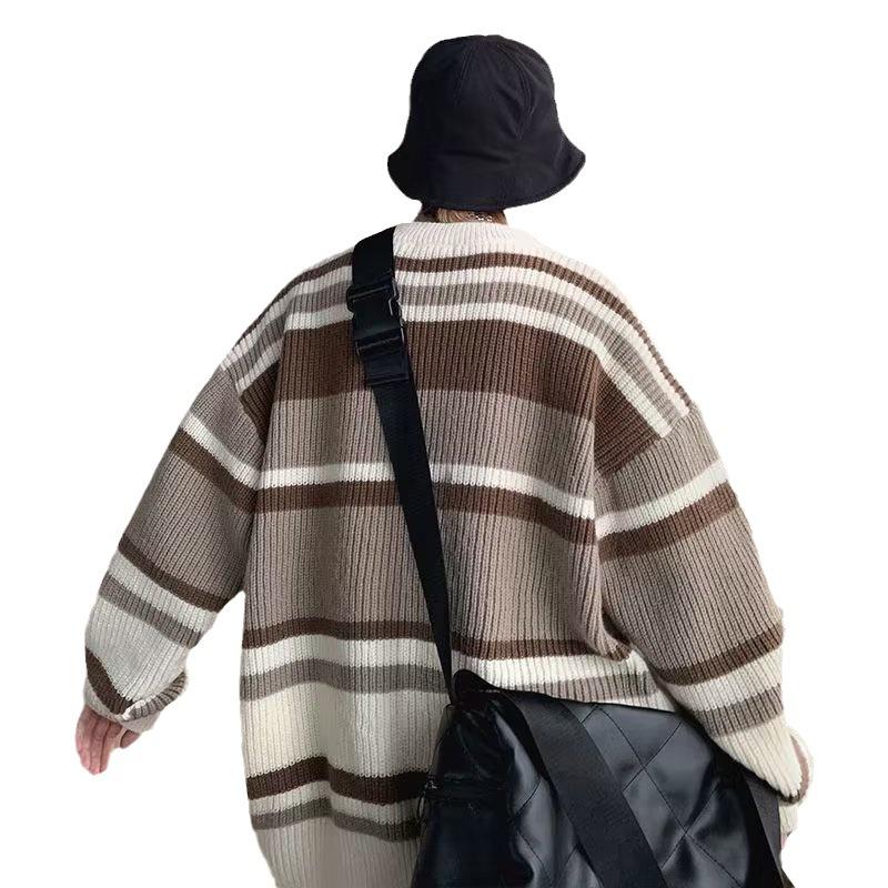 Sweater Men's Japanese Retro Striped Contrasting Bottoming Sweater, Thread Sweater, Thickened Trendy Brand Loose Knitted Sweater Jacket In Autumn 
