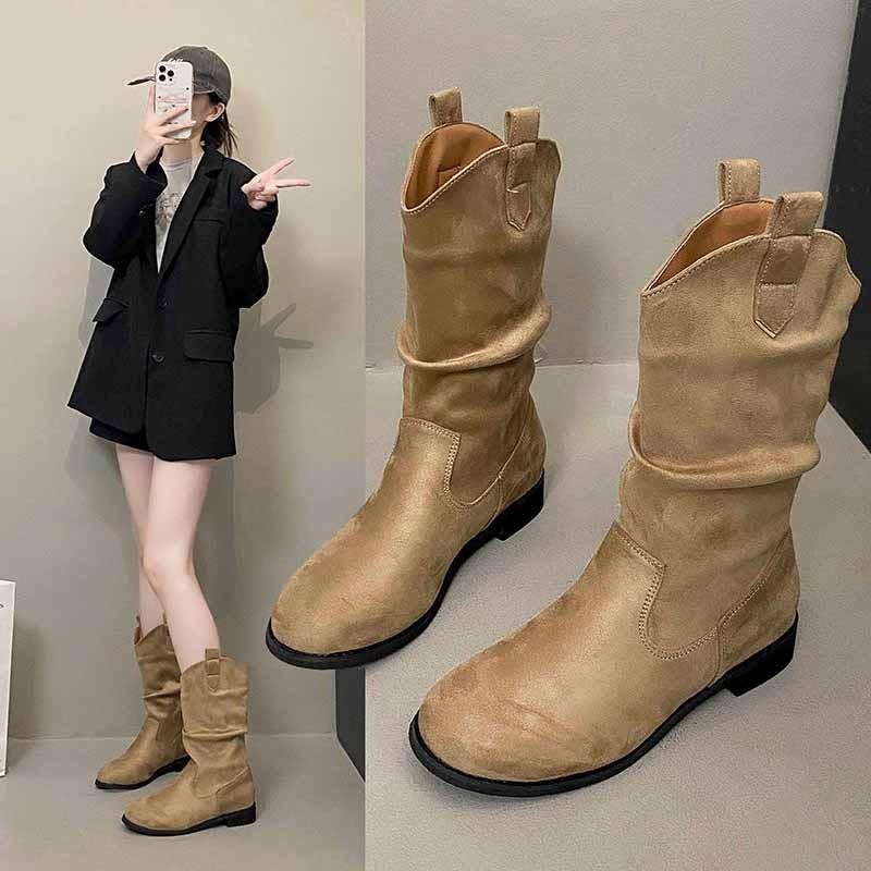 Brown Martin Boots Women's New Autumn Maillard Wasteland Western Boots Medium Tube Knight Pile Short Boots