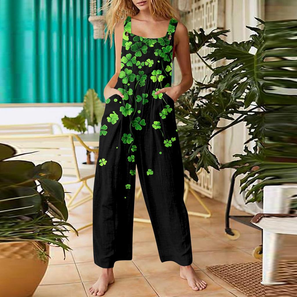 Women's leaf-printed casual loose retro overalls cotton and linen jumpsuits