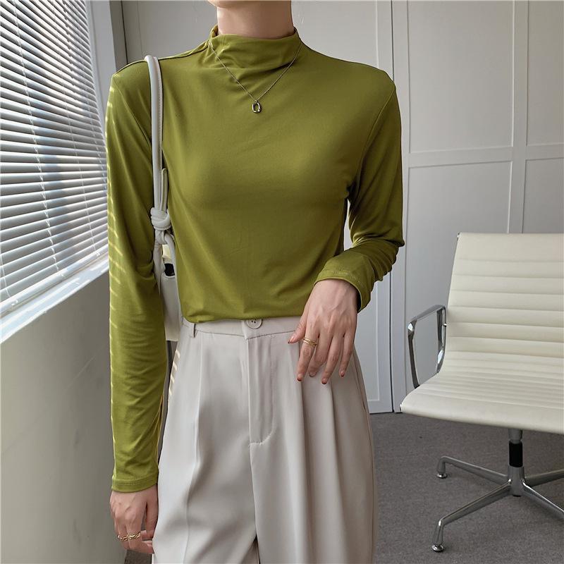 

Осенний однотонный облегающий базовый топ для девочек, теплый с длинными рукавами и полувысоким воротником ONE SIZE зелёный