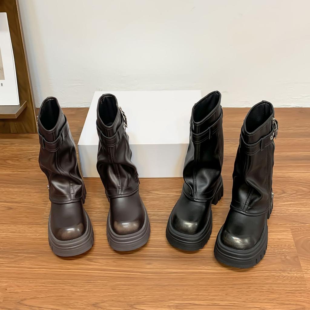 Internet celebrity tube boots British style thick-soled Martin boots small man heightened thick heel leather boots thin motorcycle boots