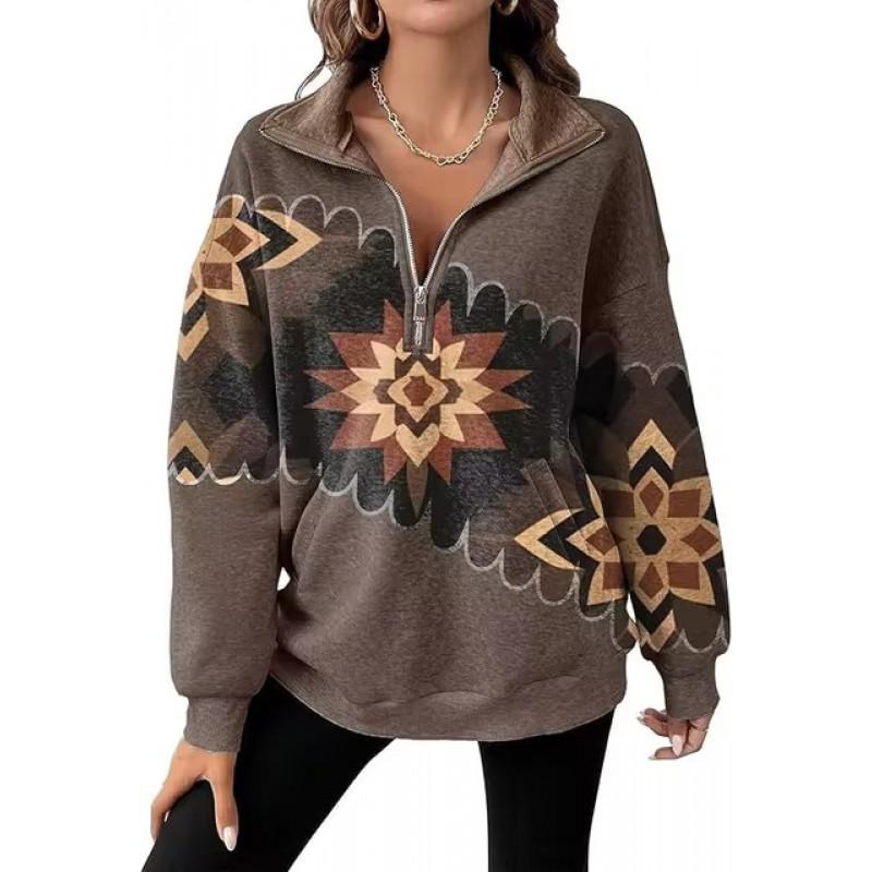 Womens Oversized Long Sleeve Pullover Top With Floral Print Half-Zip Collar Casual Cotton Sweatshirt