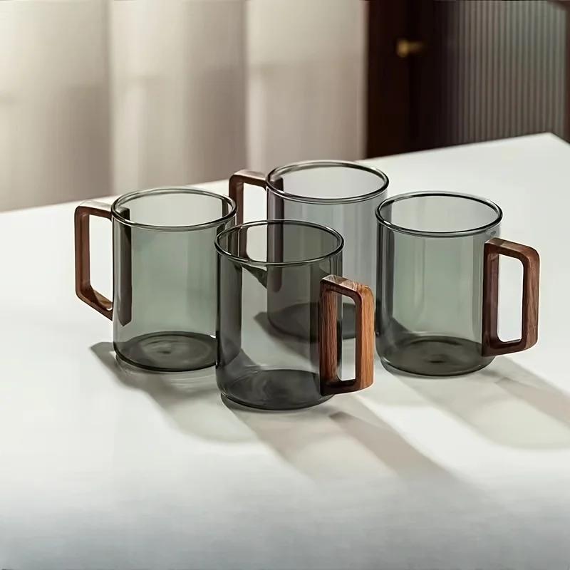 High Borosilicate Glass Tea Cup with Walnut Wood Handle High Temperature Resistance Whiskey Glass Large Capacity Tea Making Cup