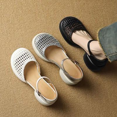 Mode talon épais tissé sac tête sandales femmes été nouveau polyvalent augmentation de la hauteur décontracté creux cage à cochon chaussures