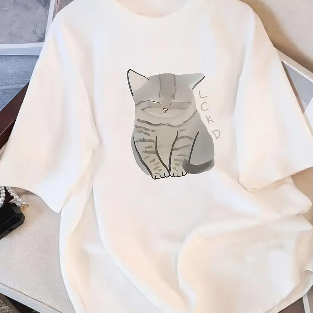 Женская повседневная футболка Милый мультяшный рисунок кота Мягкая и удобная футболка Одежда Повседневный Игривая эстетика Одежда Повседневный S