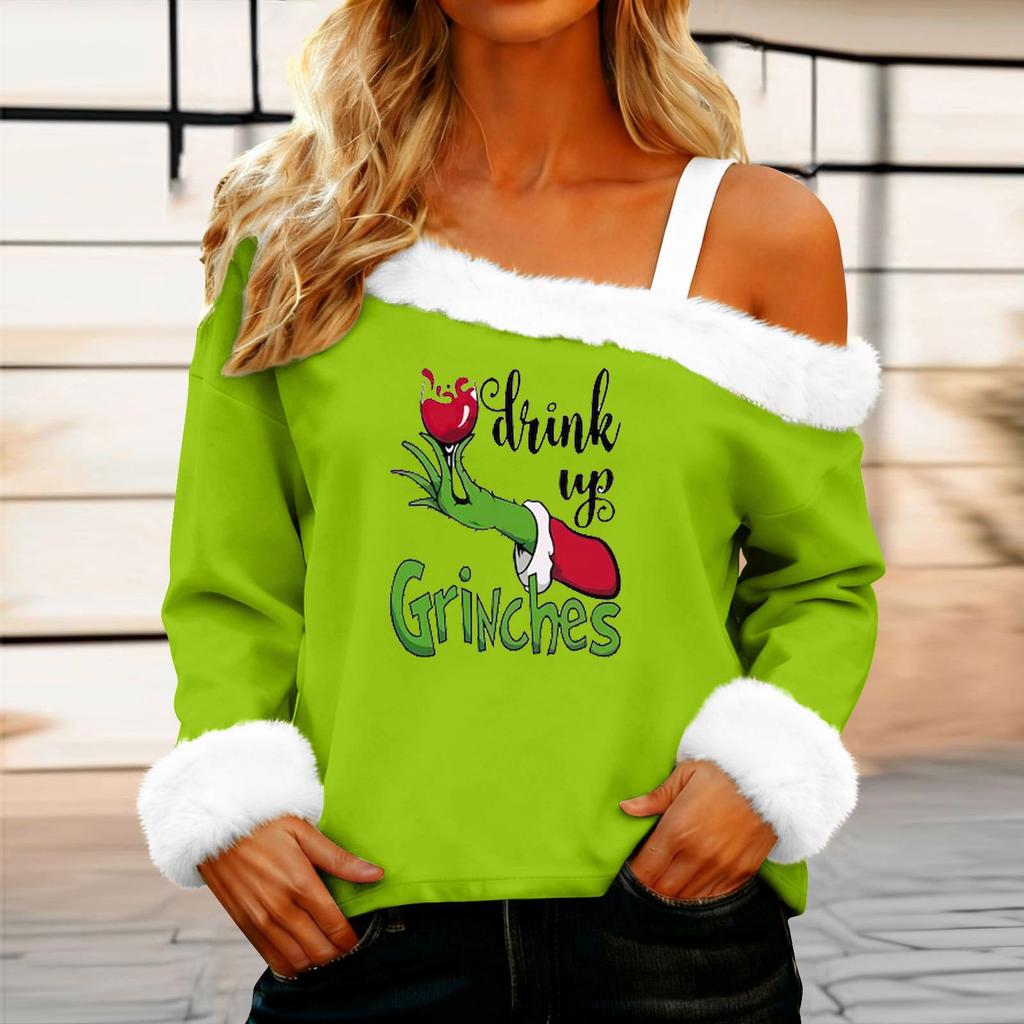 Women's Casual Fashion Sexy Off-Shoulder Collar Christmas Pattern Long Sleeve Crewneck T-Shirt Top