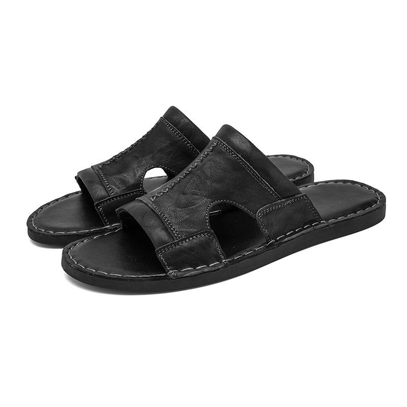 Herren Sommer Rindsleder Weiche Sohle Rutschfest Atmungsaktiv Strand Hausschuhe 47 black