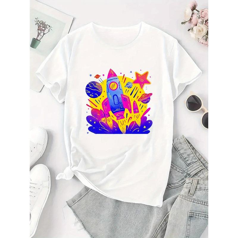 European sizes Women's Colorful Rocket Ship Print Tee - Playful Casual Short Sleeve T-Shirt