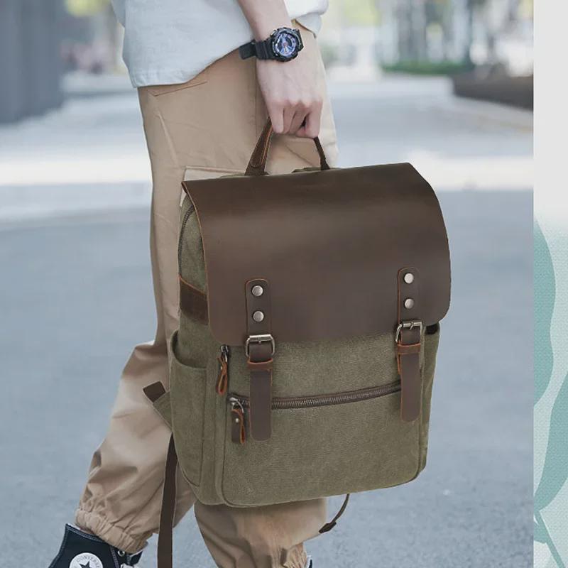 Unisex Retro Waxed Canvas & Leather Laptop Backpacks for Travel and School