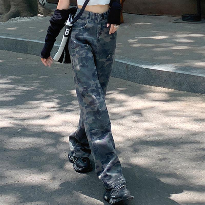 Tendință Streetwear de toamnă, blugi de camuflaj cu talie înaltă, pantaloni cargo pentru femei, blugi drepți, pantaloni largi, pantaloni casual din denim