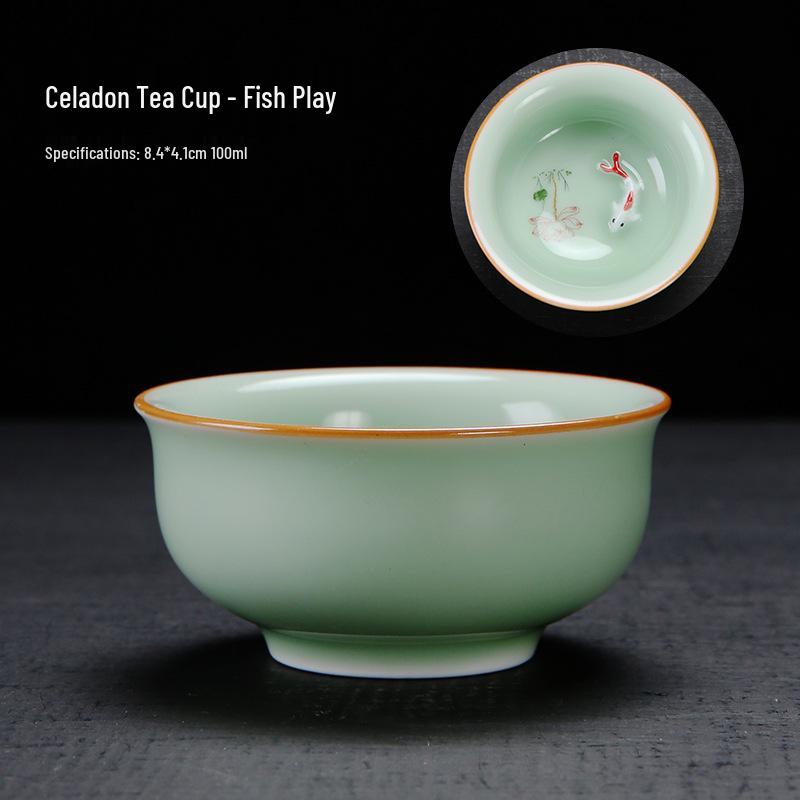 Celadon Ceramic Tea Tasting Set with Koi Fish Design and Custom Logo