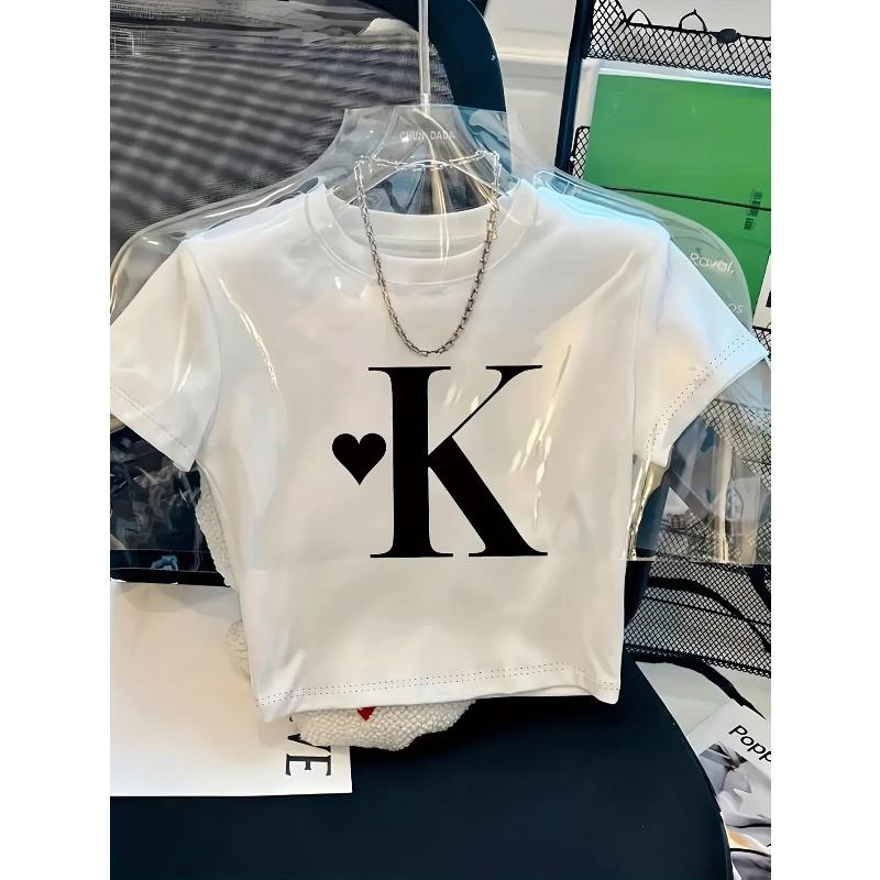 

Европейские размеры 2026 Новая мода Y2K Женская короткая футболка | Простой принт с буквой K, Милая и крутая, Дышащая ткань, Идеально для весны/лета S белый