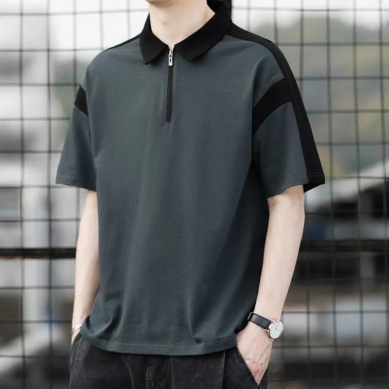 Men s Color Block Half-Zip Polo Shirt Short Sleeve Casual Loose Top S
