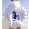 Moletom com Capuz Manga Longa Ombro Caído Feminino Estampa de Palmeira "PINK PALM PUFF" Letras nas Costas Hoodie Casual