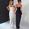 2026 Spring European & American Style Square Neck Pleated Spaghetti Strap Waist-Cinched Hip-Hugging Long Dress