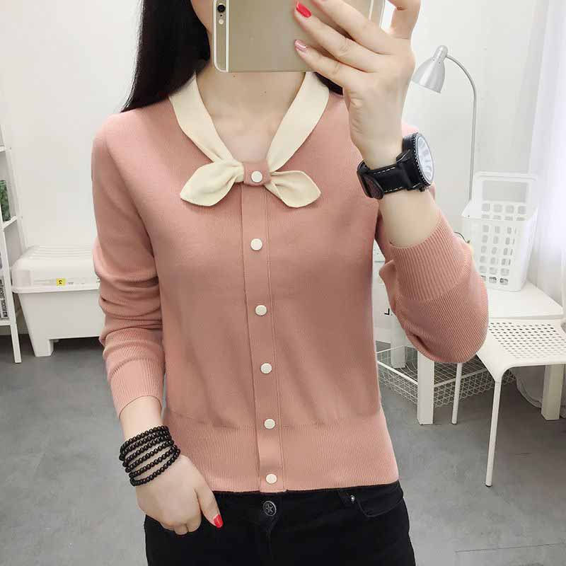 

Свитера женские с длинными рукавами из трикотажа с коротким верхом под пальто женские весенние новые с бантом на шее тонкие XXL розовый