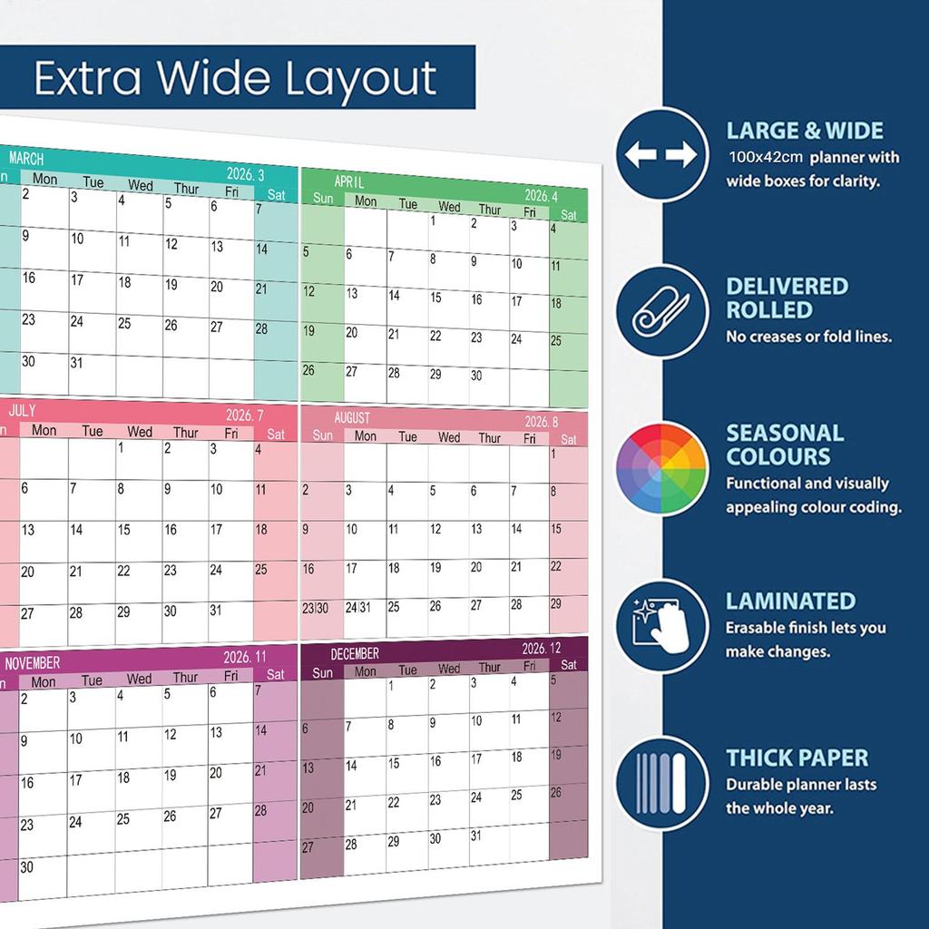Kalendarz ścienny angielski 2026, Planer ścienny do ścierania na sucho, Agenda, Planer z grubego papieru, Nowy rok, Duży kalendarz do domu, szkoły, biura