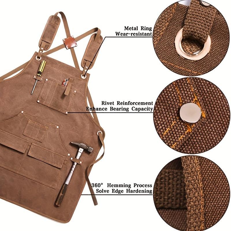 Durable Cotton Canvas Apron w/ Pockets for Woodworking, Electrician, Gardening. Adjustable Leather Straps & Metal Buckles.