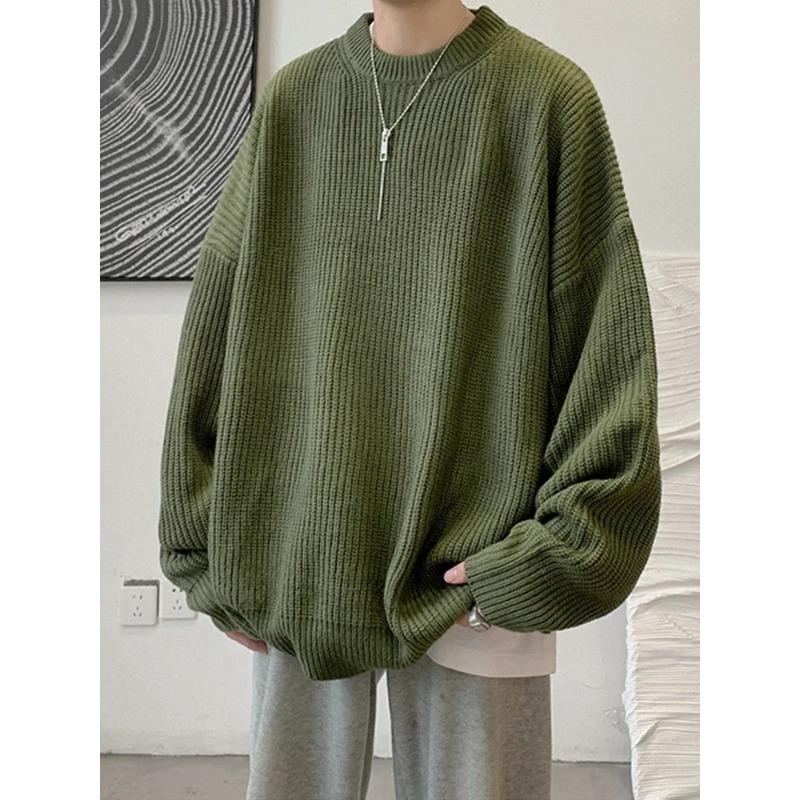 Autumn Crew Neck Solid Color Pullover Sweaters for Men Casual Y2K Knitted Sweater High Street Fashion Jumpers Hombre