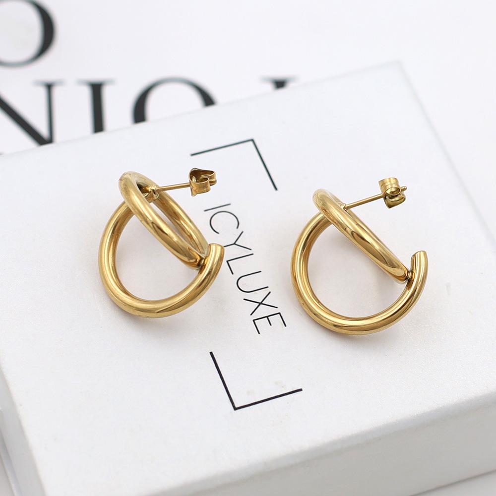 French Simple Geometric Round Line Cross Earrings Women'S 18K Titanium Steel Double Ring Stacked Stud Earrings Do Not Fade