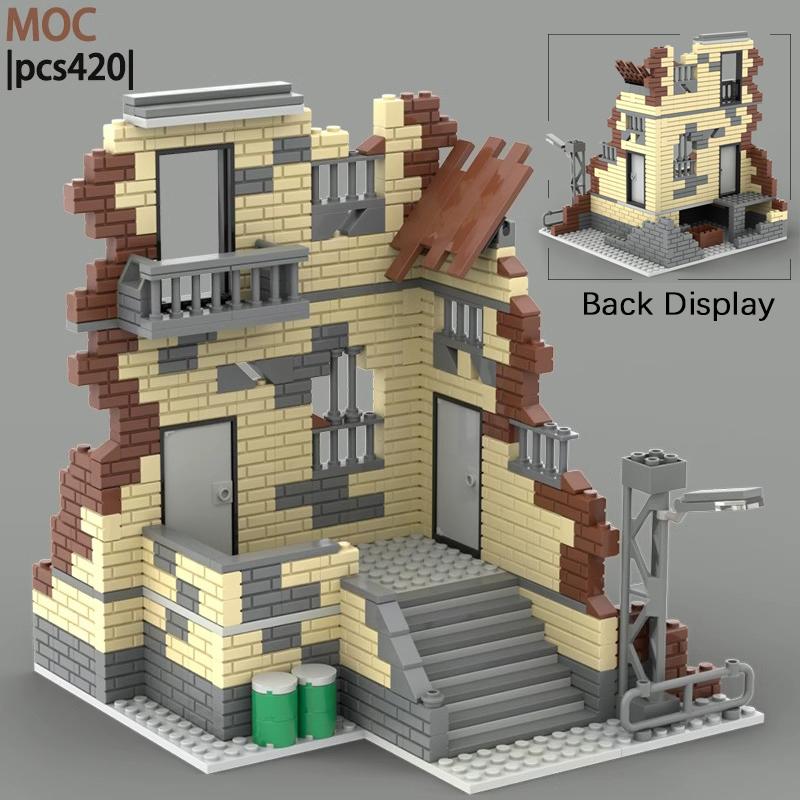 WW2 MOC Ruins Building Blocks Destroyed House War Scene Gunfight Guard Abandoned Construction Bricks Assemble Toys Boys Gift