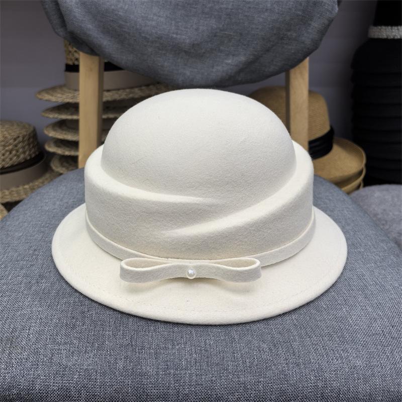 French fragrant Hepburn style wool hat bow curled top hat women's autumn and winter square face basin hat winter British top hat