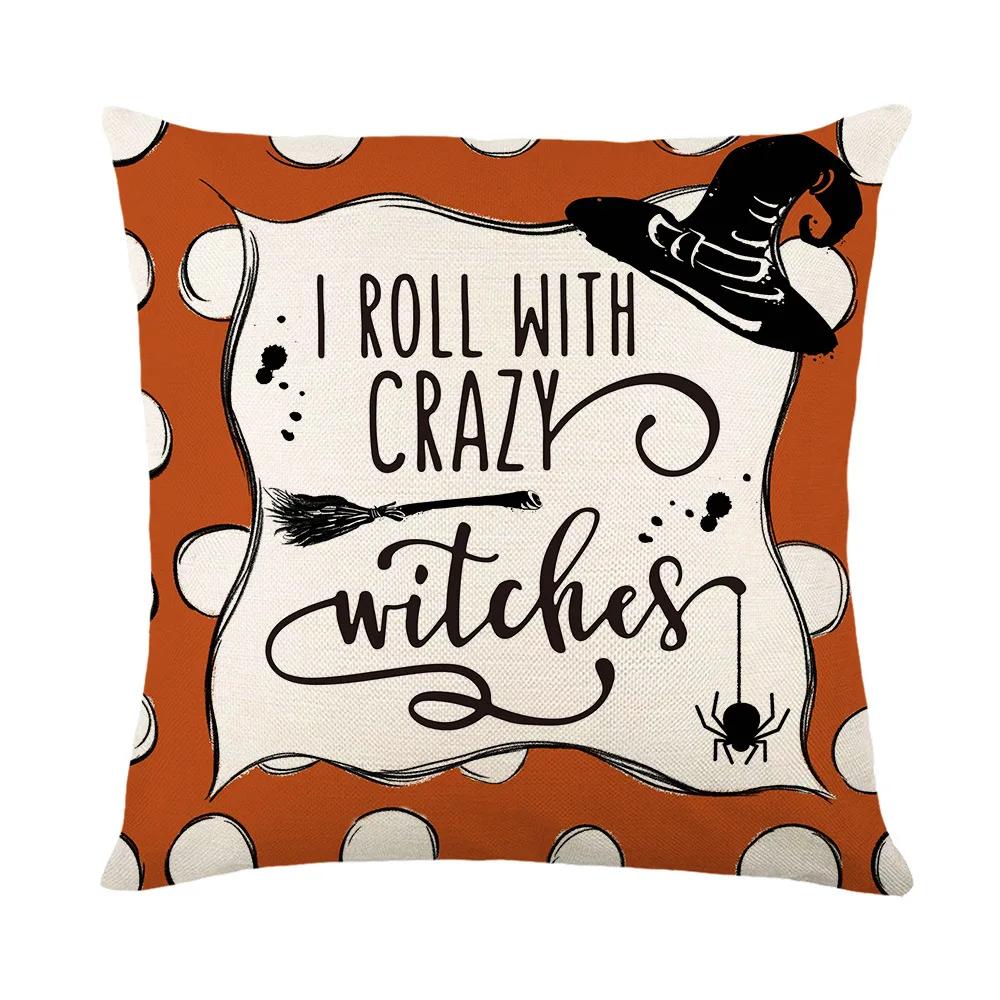 Happy Halloween Home Sofa Decoration Pillows Cushion Cover 18x18 Inches Linen Pillow Cover Halloween Pillowcase Festive Supplies