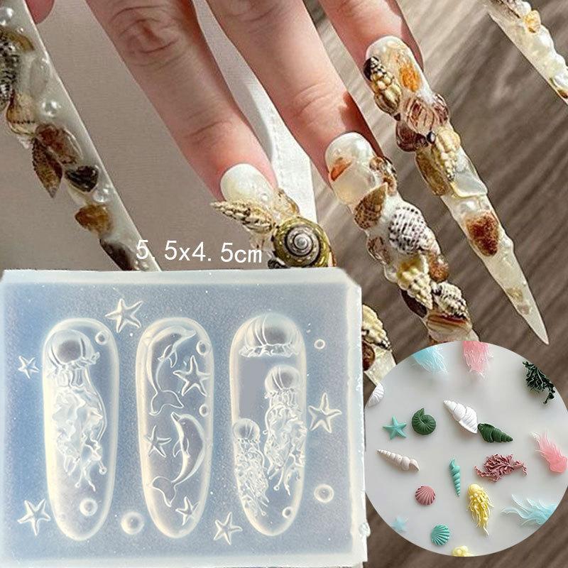 Ocean Series Animal Silicone Mold Sea Shell Conch Nail Stamplates Starfish Jellyfish 3D Soft Charm Manicure Mold Stencil Tools