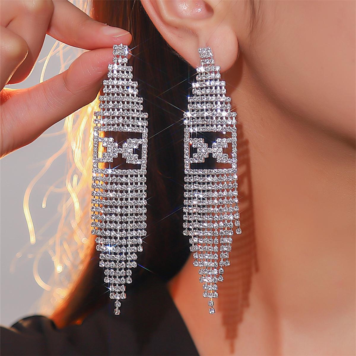 

High-end luxury full diamond long fringed earrings for women серебряный