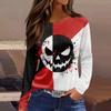 Women's Halloween Print Long Sleeve Round Neck Casual Top with Side Slit