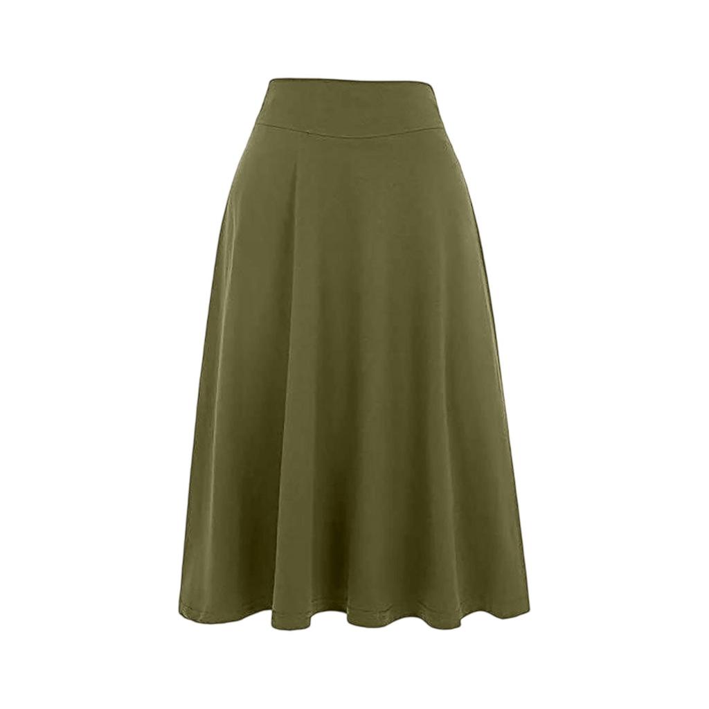 Women's High Waist Knee Length Elastic Knit A-Line Stretch Flared Casual Midi Skirt