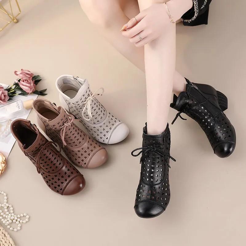 Fashion Summer cowhide hollow women's boots sandals high heels breathable retro style Ankle boots