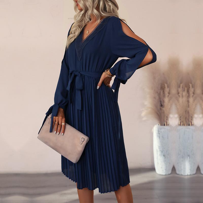 Autumn Women's Dress Hollow Long Sleeve Pleated Dresses Solid Color Dresses