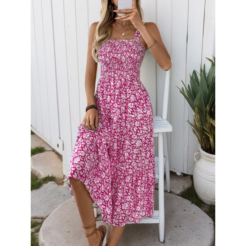 Summer Long Sleeveless Elastic Waisted Printed Camisole Dress